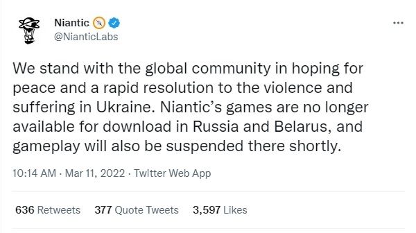 Cuitan Niantic menghentikan Pokemon Go di Rusia. [Twitter]