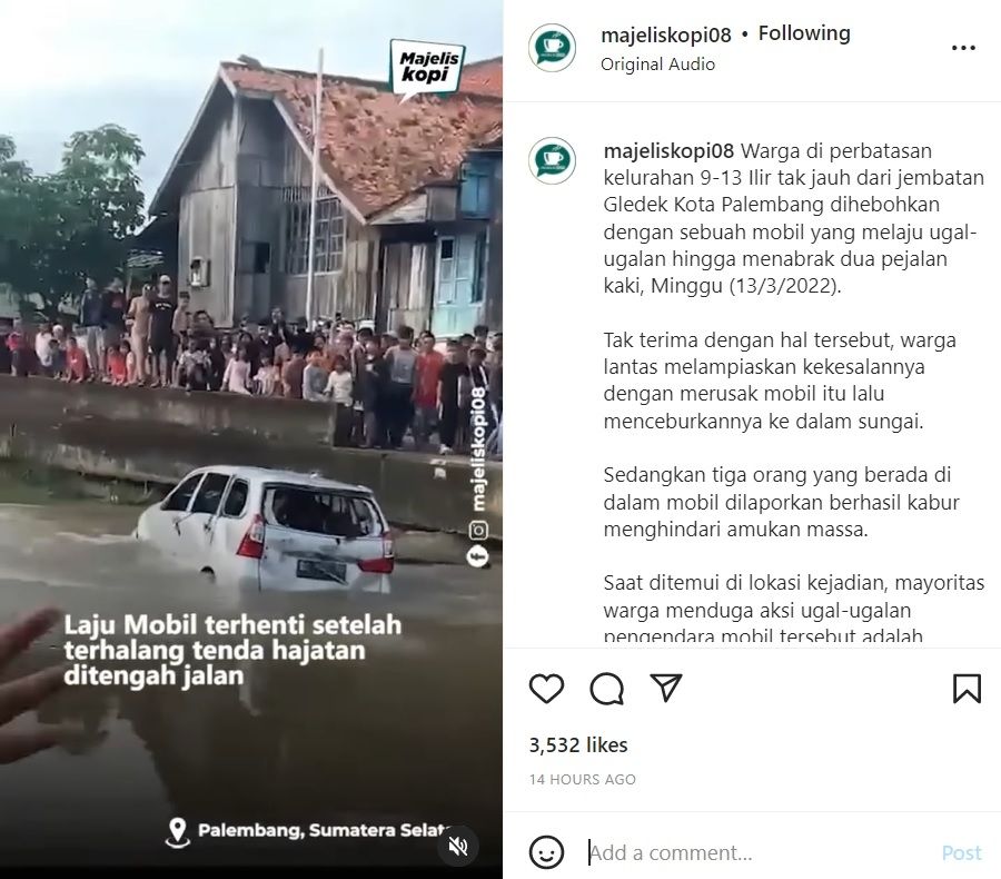 Ugal-ugalan hingga Tabrak Pejalan Kaki, Mobil Diceburkan Warga ke Sungai (instagram/@majeliskopi08)