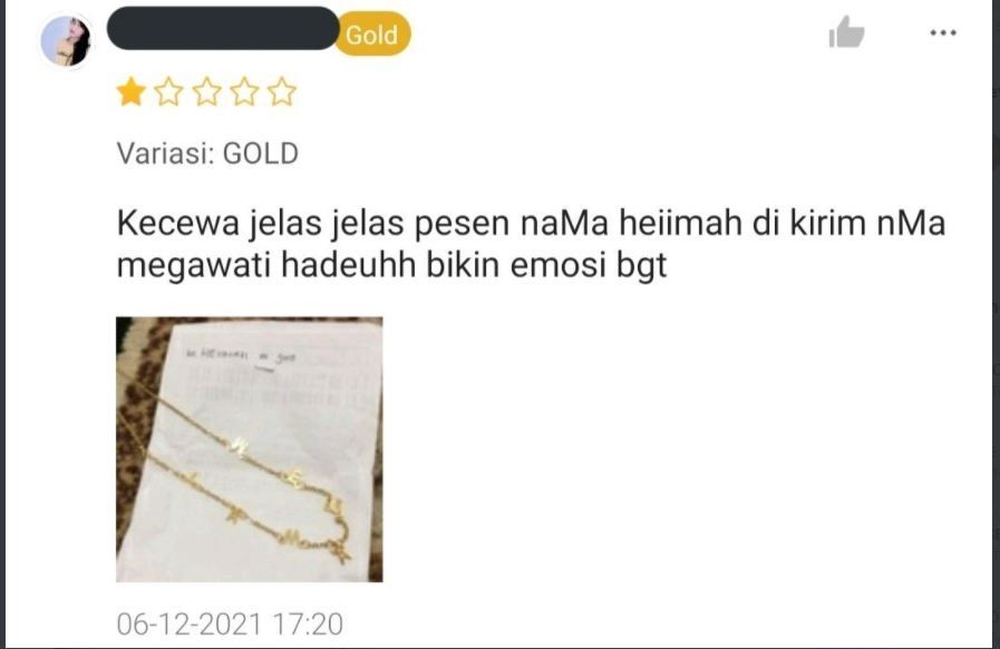 Beli Kalung Bertuliskan Nama saat Belanja Online, Wanita Ini Malah Berujung Kecewa (twitter.com/txtdarionlshop)