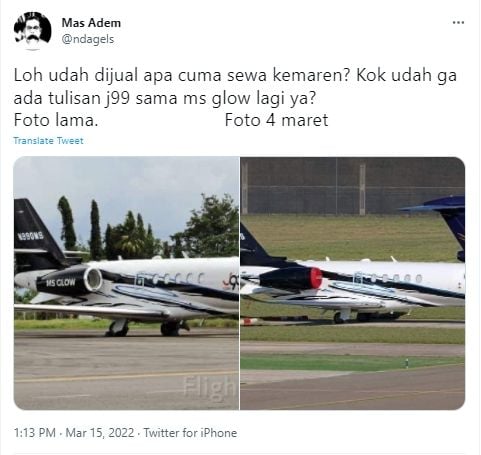 Heboh! Warganet Temukan Foto Terbaru Penampakan Jet Pribadi Juragan 99, Kini Tanpa Tulisan 'J99' dan 'MS Glow'. (Twitter/ndagels)