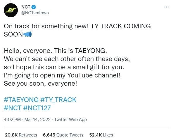 Unggahan soal Taeyong NCT [Twitter/@NCTsmtown]