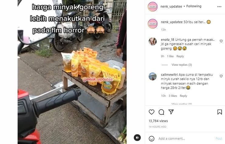 Viral Wanita Syok Pas Beli Minyak Goreng di Emperan. (Instagram/@nenk_updatee)