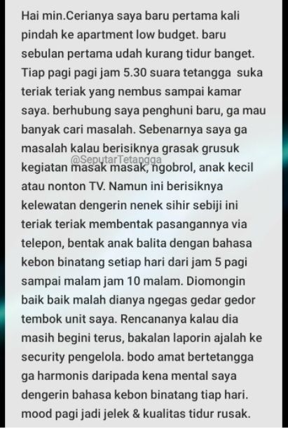 Curhat Penghuni Baru Apartemen, Terganggu Tetangga Suka Teriak-teriak Suaranya sampai Nembus Kamar (twitter/@SeputarTetangga)