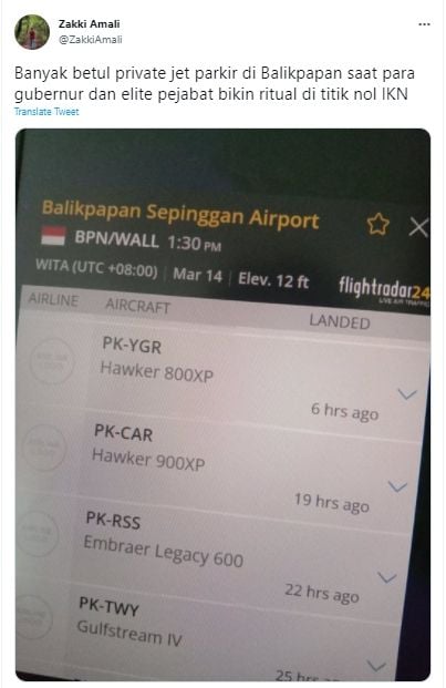 Geger, Banyak Jet Pribadi Diduga Milik Pejabat Parkir di Balikpapan Saat Berkemah di Titik Nol IKN. (Twitter/ZakkiAmali)