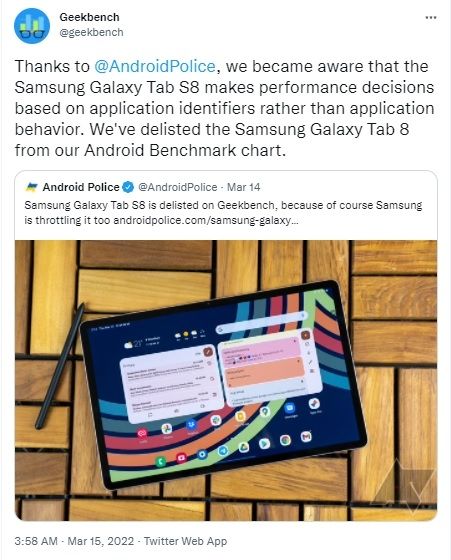 Cuitan Geekbench soal Galaxy Tab S8. [Twitter]