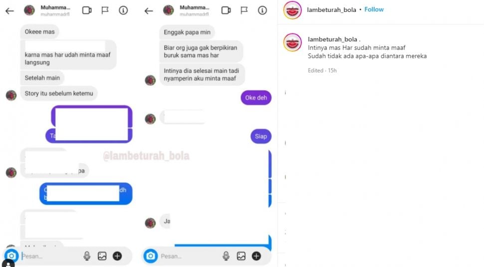 Alasan Muhammad Rafli hapus Instagram Stories yang sindir Hariono. (Instagram/lambeturah_bola)