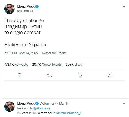 Cuitan Elon Musk kepada kepala Badan Antariksa Rusia. [Twitter]