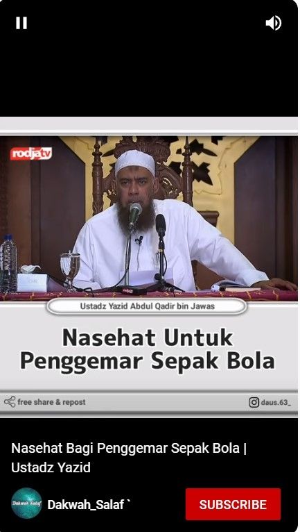 Tangkapan layar video pendakwah Yazid bin Abdul Qadir Jawas singgung penggemar sepak bola, ia menilai mendukung atau membela pemain bola kafir itu tidak boleh dalam akidah ajaran agama islam. [YouTube]