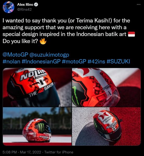 Helm Alex Rins edisi spesial Mandalika. (Twitter/@Rins42)