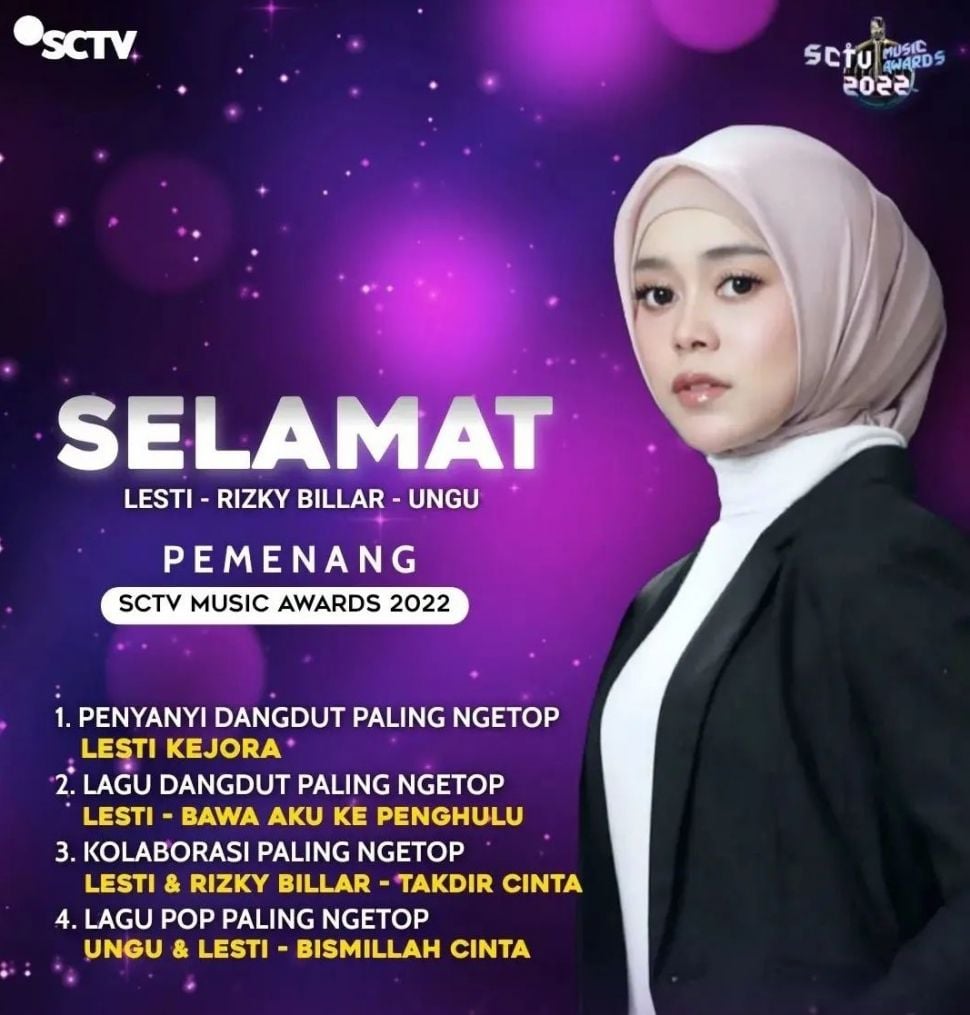 Lesti Kejora meraih empat piala di ajang SCTV Music Awards 2022. [Instagram]