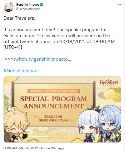 Genshin Impact 2.6. [Twitter]