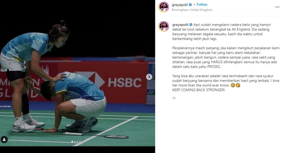 Greysia Polii beri pesan menyentuh usai Apriyani alami cedera di All England 2022. (Instagram/greyspolii)