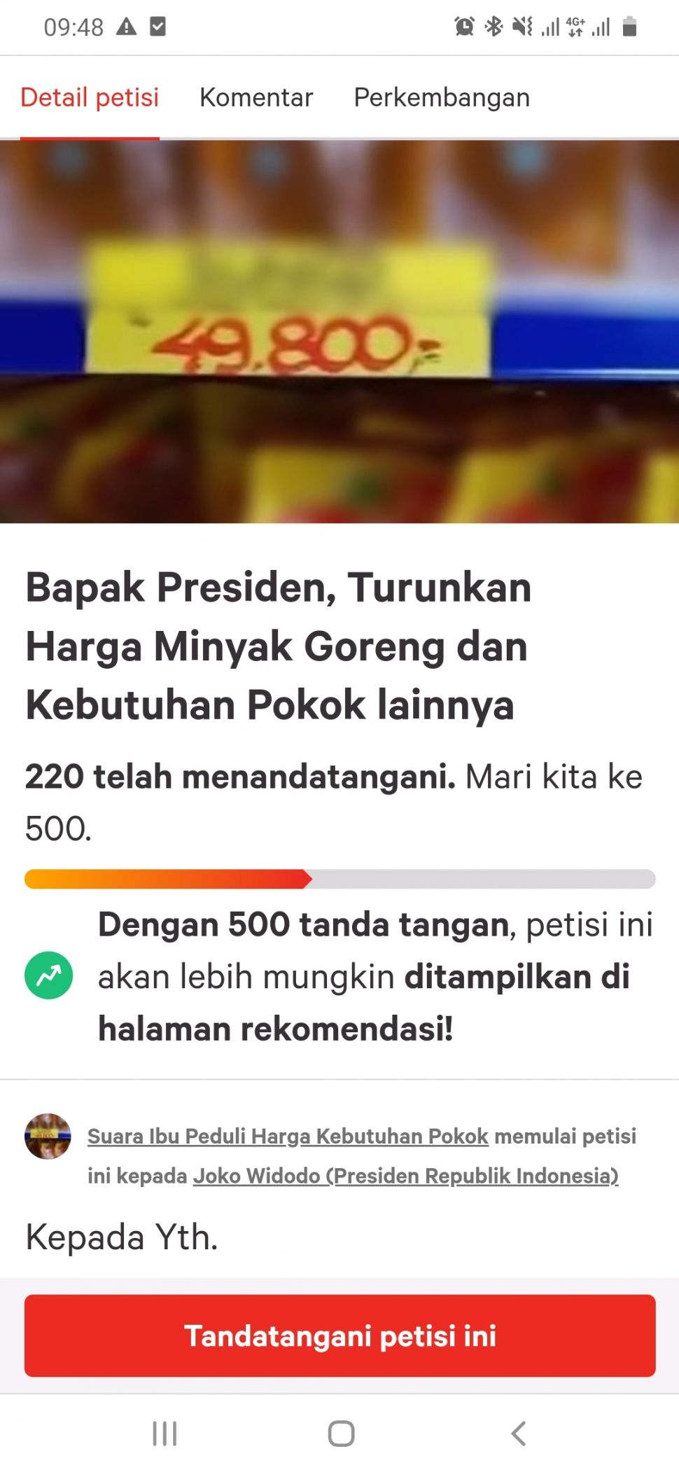 Viral! Ratusan Emak-emak Teken Petisi Minta Jokowi Turunkan Harga Minyak Goreng. (Dok: Change.org)