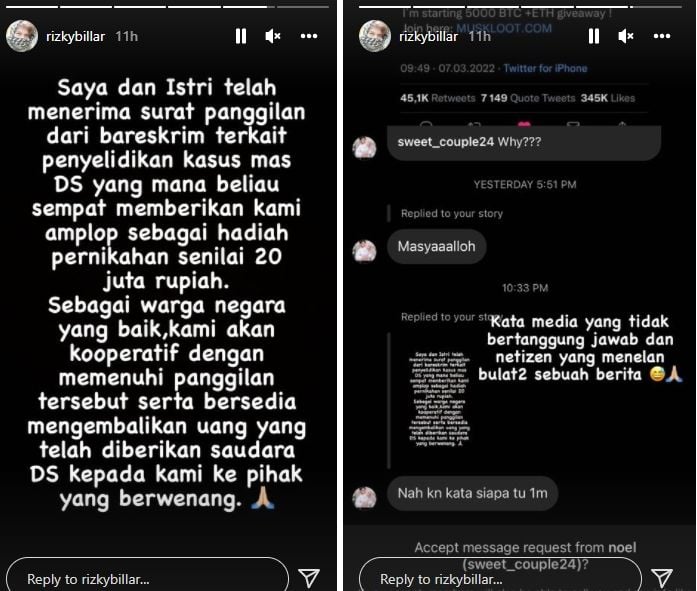 Rizky Billar kembalikan amplop Doni Salmanan [Instagram/@rizkybillar]