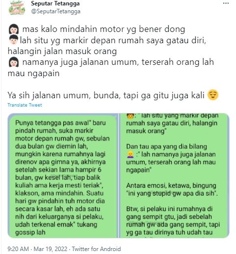 Tetangga Tinggal di Gang Sempit, Parkir Motor Semena-mena Depan Rumah Orang, Pas Dipindah Malah Ngamuk. (Twitter/SeputarTetangga)