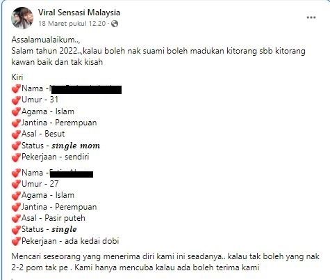 Sepasang Sahabat Bikin Iklan Mencari Suami, Minta Dipoligami (facebook.com/Viral Sensasi Malaysia)
