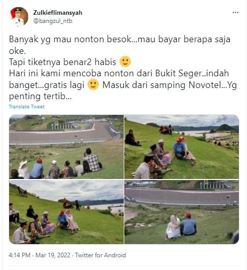 Kehabisan Tiket, Gubernur NTB Nonton MotoGP Gratis dari Bukit Seger, Tuai Perdebatan Warganet. (Twitter/bangzul_ntb)