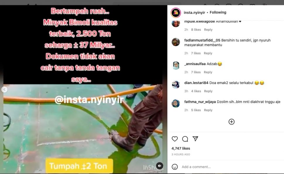 Video minyak yang tumpah di kapal viral [instagram]