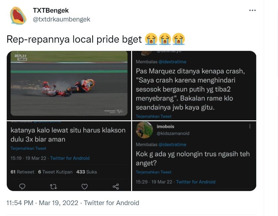 Reaksi Warganet Heboh Soal Banyak Pembalap Jatuh di Mandalika (twitter/@txtdrkaumbengek)