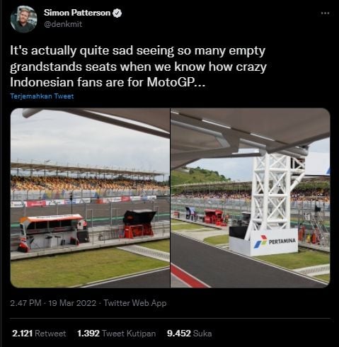 Simon Patterson menyoroti kursi penonton MotoGP di Sirkuit Mandalika. [Twitter/Simon Patterson]