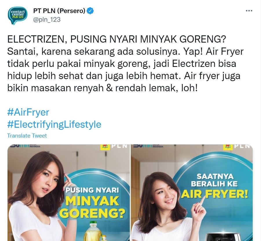 PLN Klaim Air Fryer Jadi Solusi Ganti Minyak Goreng, Malah Kena Hujat Warganet (twitter/@pln_123)