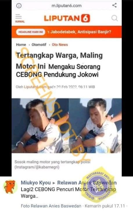 CEK FAKTA: Maling Motor Tertangkap Warga Ngaku Cebong Pendukung Jokowi, Benarkah? (Turnbackhoax.id)