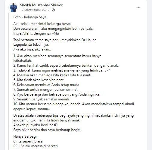 Pria Bagikan Cara Merayu Istri Agar Punya Anak Lagi (facebook.com/sheikhmuszaphar.shukor.5)