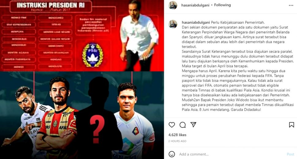 Exco PSSI, Hasani Abdulgani membagikan tulisan soal kendala dalam proses naturalisasi. (Instagram/hasaniabdulgani)