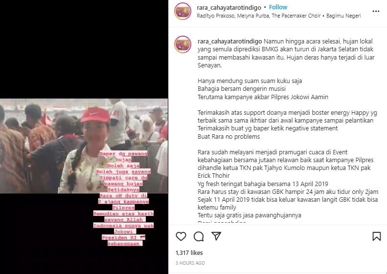 Terungkap! Rara Istiani Ternyata Pernah Jadi Pawang Hujan Kampanye Pilpres Jokowi Dua Kali. (Instagram/rara_cahayatarotindigo)