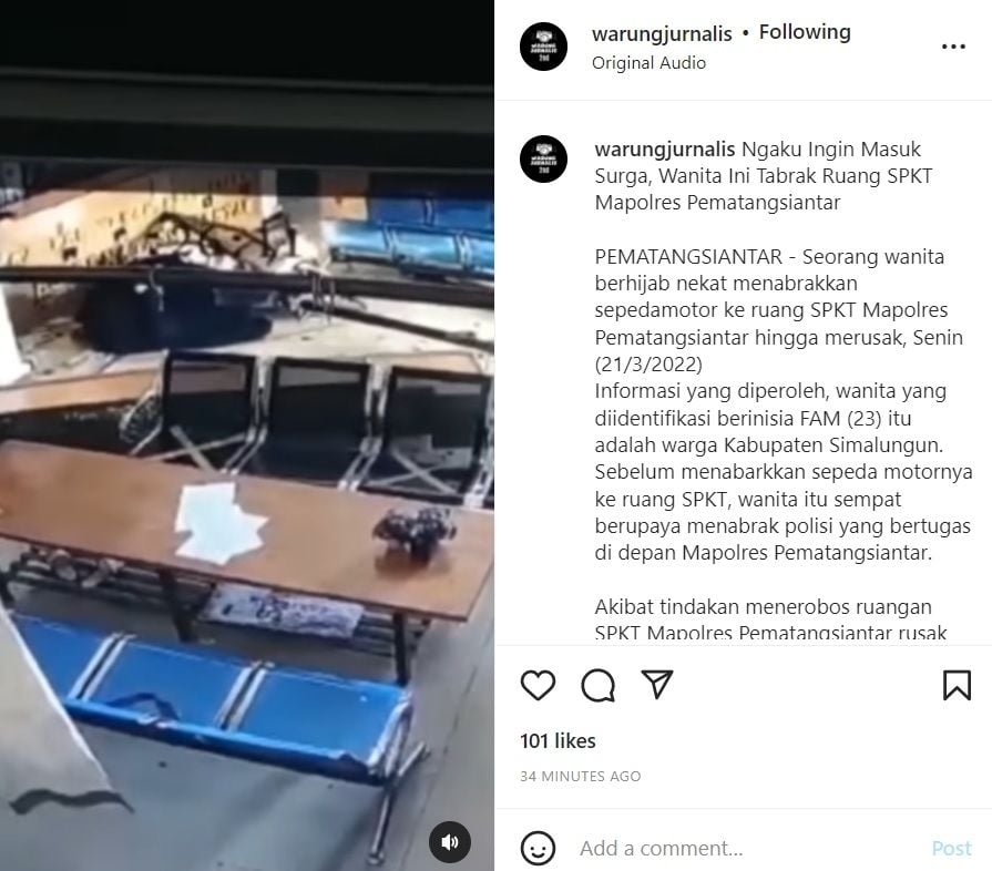 Wanita Berhijab Naik Motor Tabrakkan Diri ke Ruang SPKT Mapolres Pematangsiantar (instagram/@warungjurnalis)