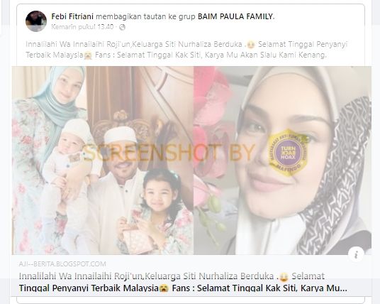 CEK FAKTA: Beredar Kabar Duka Siti Nurhaliza Meninggal Dunia, Benarkah? (Turnbackhoax.id)