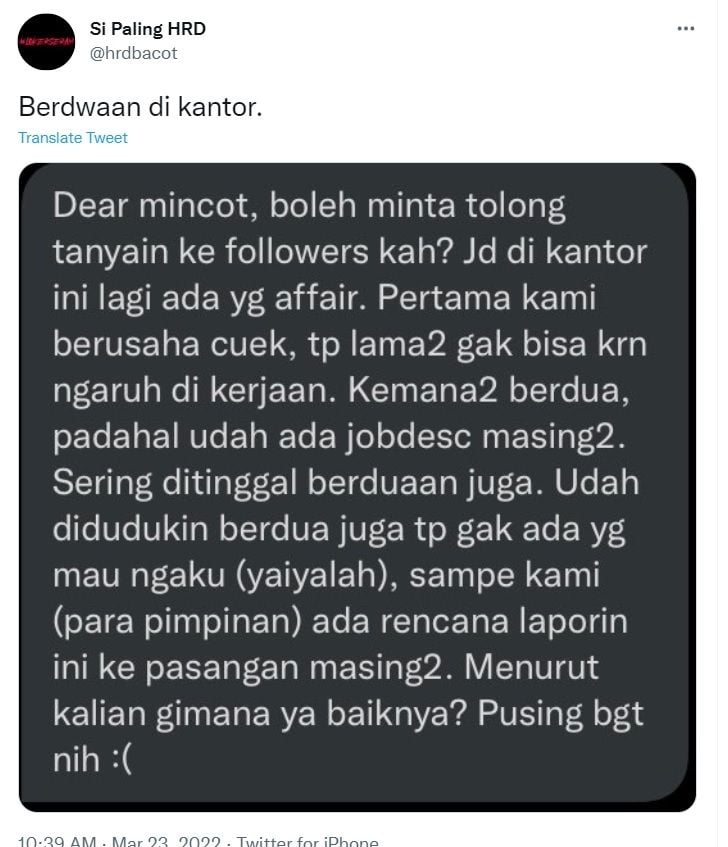 Karyawan Tepergok Selingkuh di Kantor, Kerap Berduaan sampai Ganggu Pekerjaan (twitter/@hrdbacot)