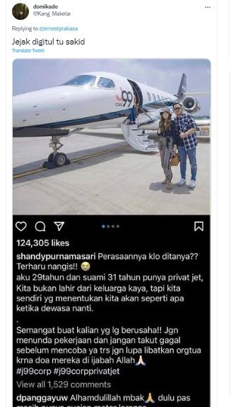 Jejak digital Shandy Purnamasari mengaku punya jet pribadi. 