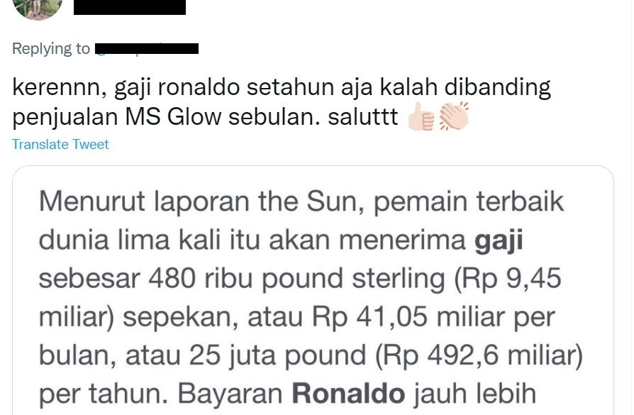 Penjualan MS Glow Rp 600 M per Bulan, Warganet Bandingkan Gaji Ronaldo dan Pendapatan Man City [twitter]