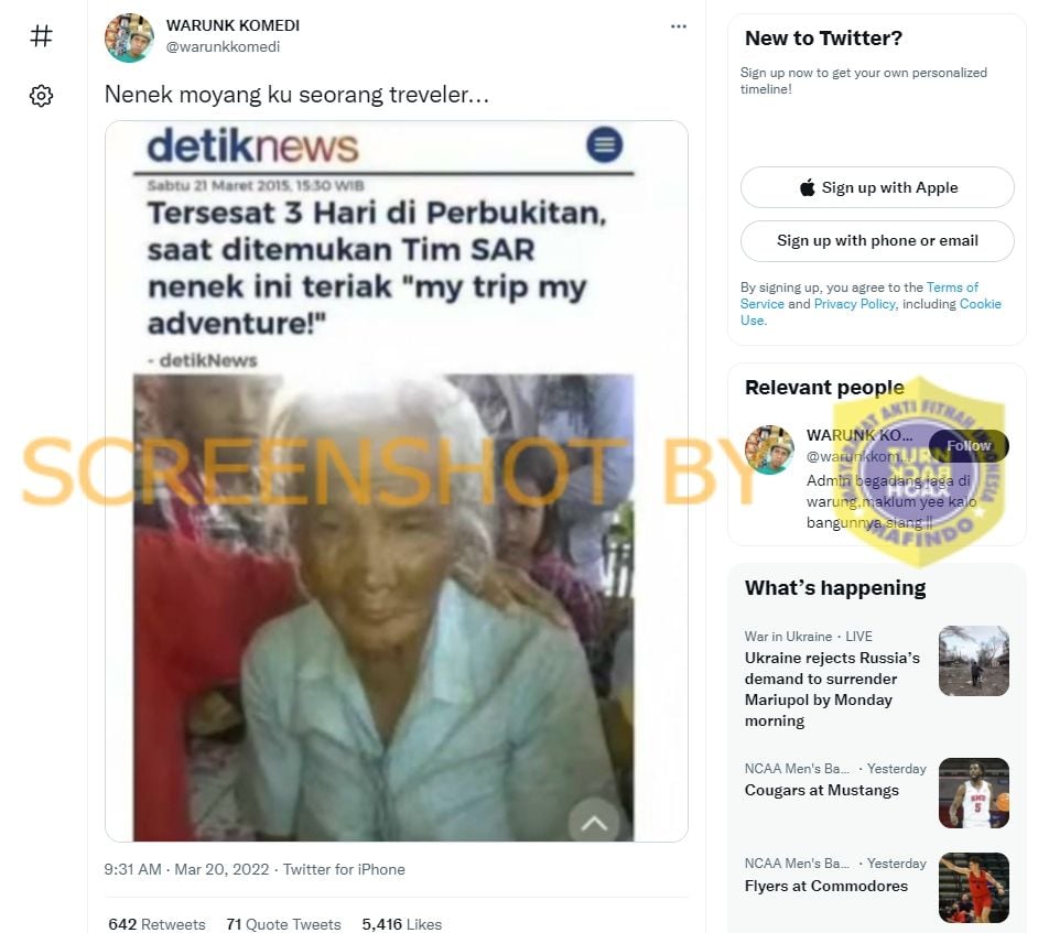 CEK FAKTA: Heboh Nenek Tersesat 3 Hari di Perbukitan, Teriak 'My Trip My Adventure' saat Bertemu Tim SAR. (Turnbackhoax.id)