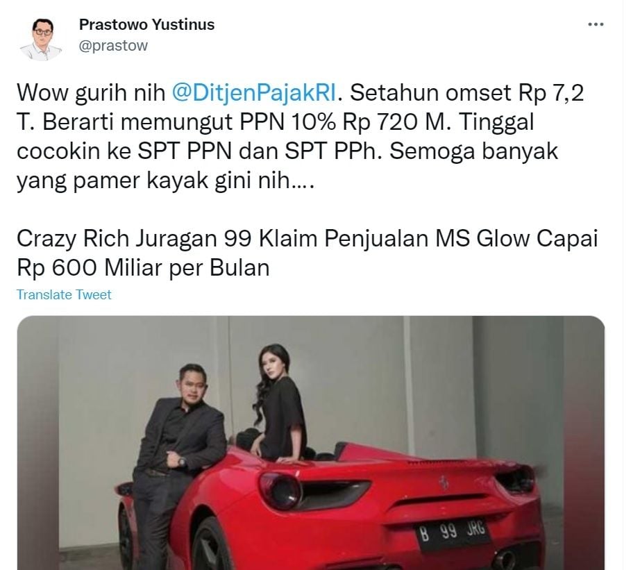 Juragan 99 Klaim Omzet MS Glow Mencapai Rp600 M Sebulan, Langsung Kena Sentil Stafsus Sri Mulyani (twitter/@prastow)