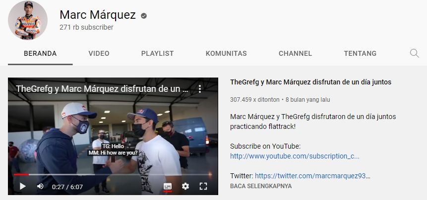 akun YouTube Marc Marquez yang asli. [Marc Marquez / YouTube]