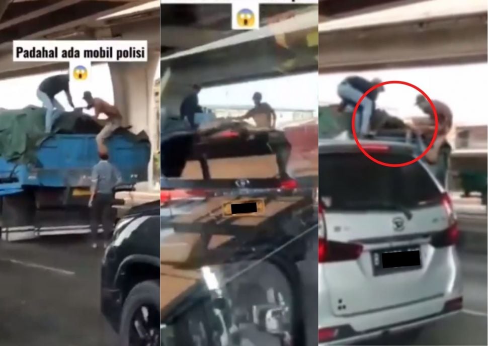 Aksi Bajing Loncat, Ambil Besi dari Truk Barang di Siang Bolong, Tetap Nekat Nyolong Meski Ada Mobil Polisi. (Instagram/kabarnegri)