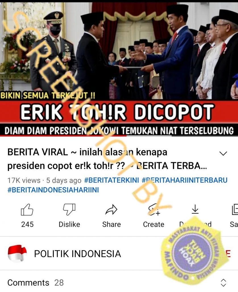 CEK FAKTA: Presiden Jokowi Copot Jabatan Erick Thohir sebagai Menteri BUMN, Benarkah?