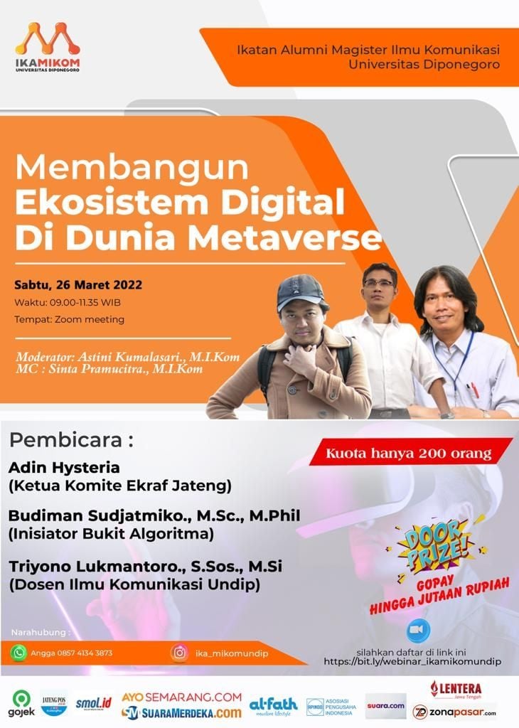 Ikatan Alumni Magister Ilmu Komunikasi Universitas Diponegoro (Ika Mikom Undip) akan menyelenggarakan webinar bertajuk “Membangun Ekosistem Digital di Dunia Metaverse”. [Dok Undip]