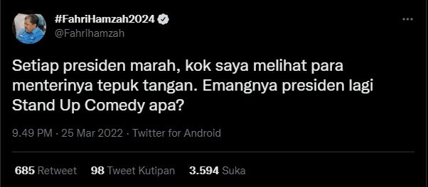 Cuitan Fahri Hamzah, Jokowi marah, menterinya malah tepuk tangan. (twitter.com/Fahrihamzah)