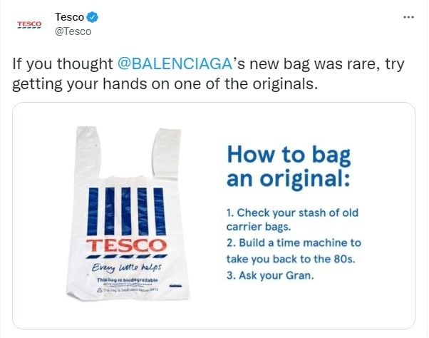 Tas Balenciaga Disebut Mirip Kantong Belanja Supermarket Tesco. (Twitter/@Tesco)