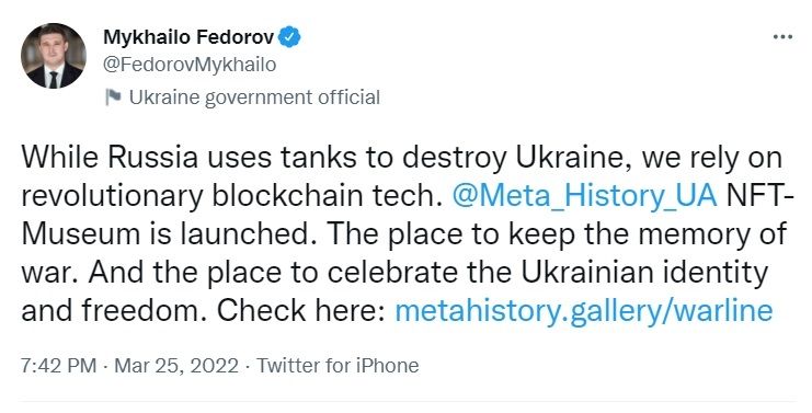 Cuitan Menteri Transformasi Digital Ukraina, Mykhailo Fedorov. [Twitter]