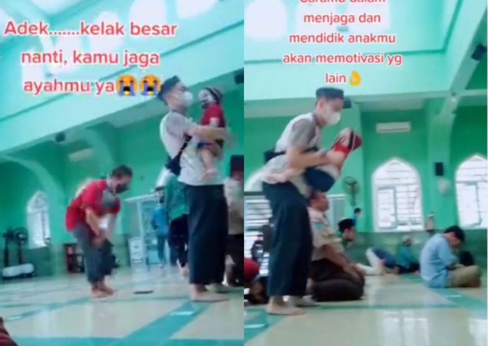 Momen Pria Tunaikan Salat di Masjid Sambil Gendong Anak, Tingkah Anaknya Bikin Salfok dan Jadi Sorotan. (Instagram/underc0ver.id)