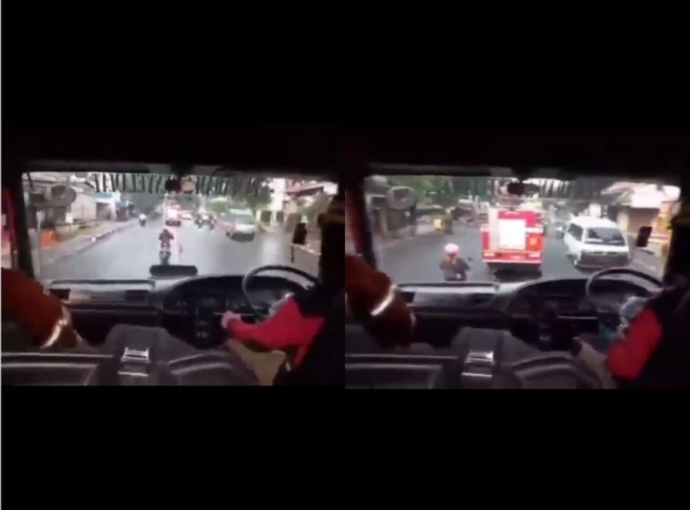 Pengendara motor tak mau menyingkir di depan pemadam kebakaran (instagram.com/birunyarina/)