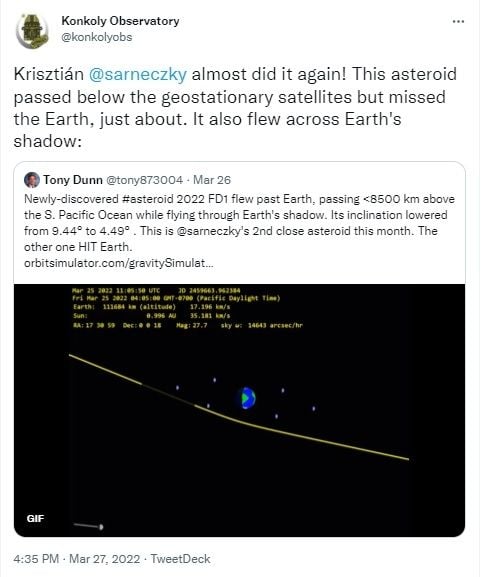 Asteroid 2022 FB2. [Twitter]