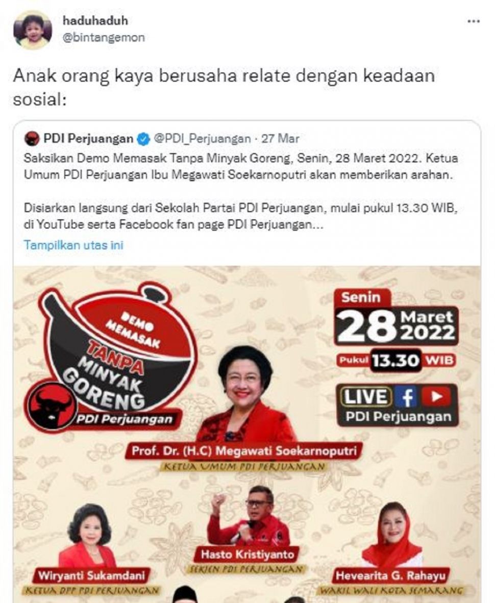 cuitan Bintang Emon terkait demo masak tanpa minyak yang digelar PDIP. [Twitter]