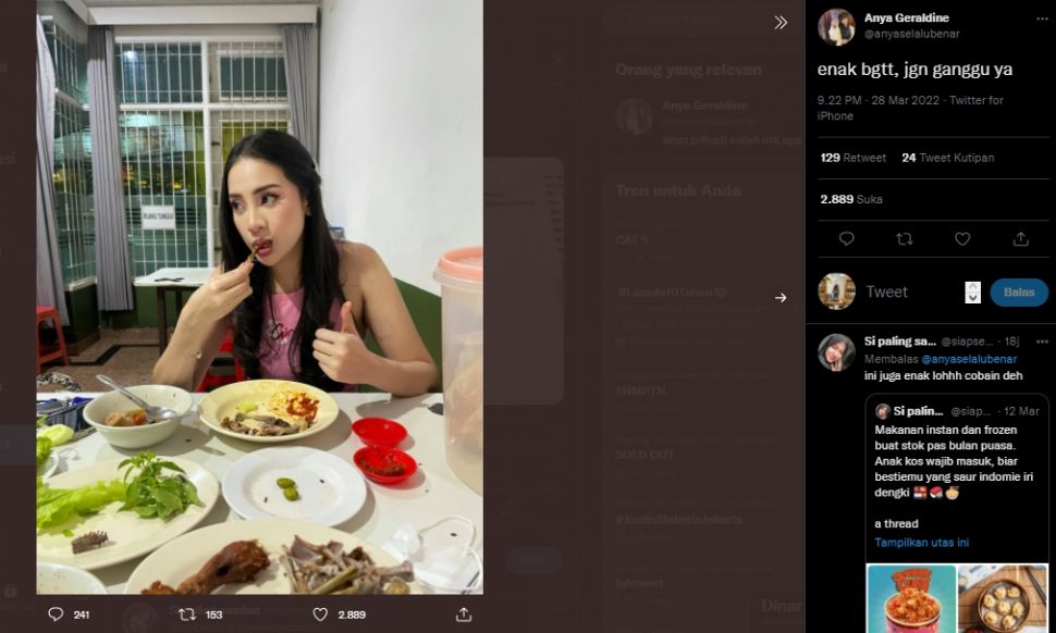 Gegara Tulang Ayam, Publik Mendadak Salfok Lihat Cara Makan Anya Geraldine: Bisa Bersih Gitu! (Twitter/@anyaselalubenar)