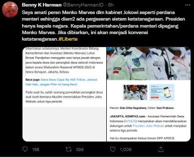 Cuitan Benny K Harman Soal Menko Marves. (Twitter/@BennyHarmanID)