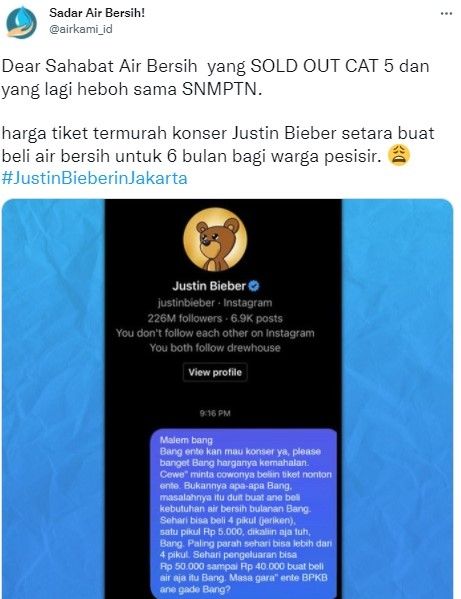 Tiket konser Justin Bieber dan Air Bersih (twitter.com/airkami_id)